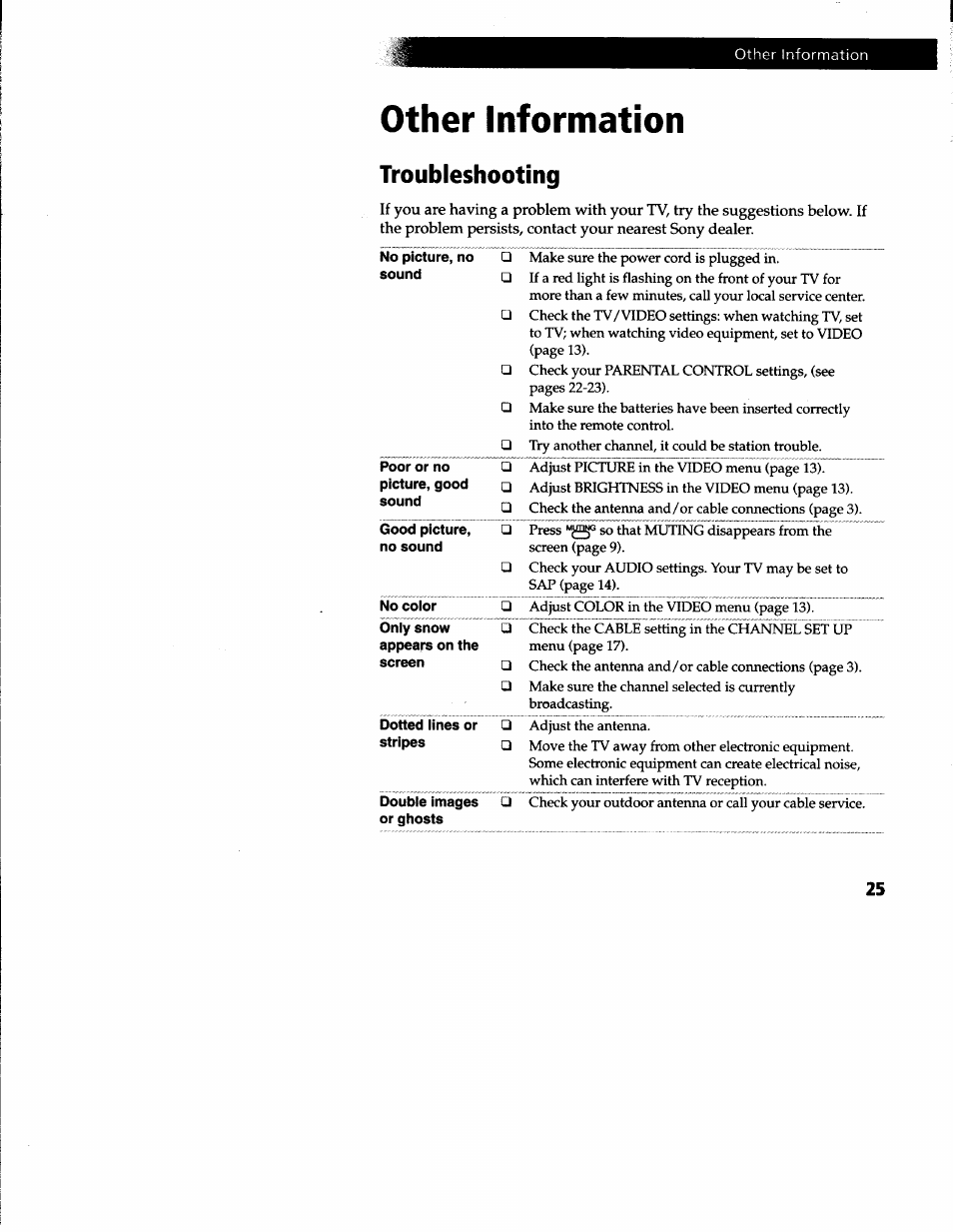 Other information, Troubleshooting | Sony KV-20S42 User Manual | Page 26 / 30