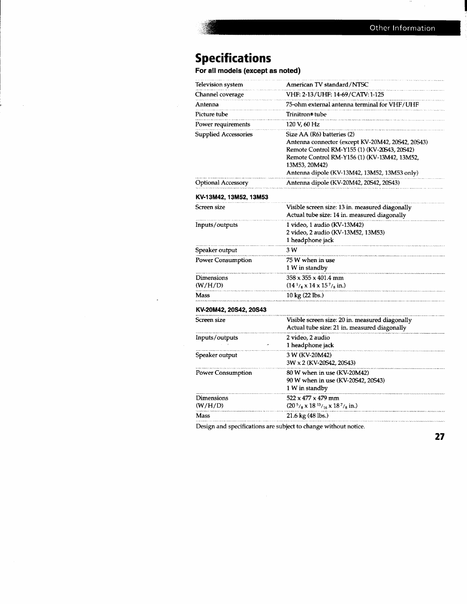 Specifications, Other information | Sony KV-20S42 User Manual | Page 28 / 30