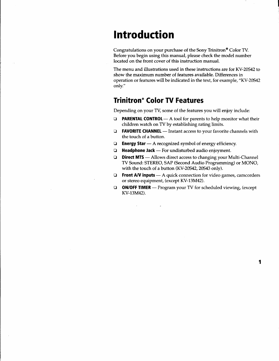 Introduction, Trinitron® color tv features | Sony KV-20S42 User Manual | Page 3 / 30