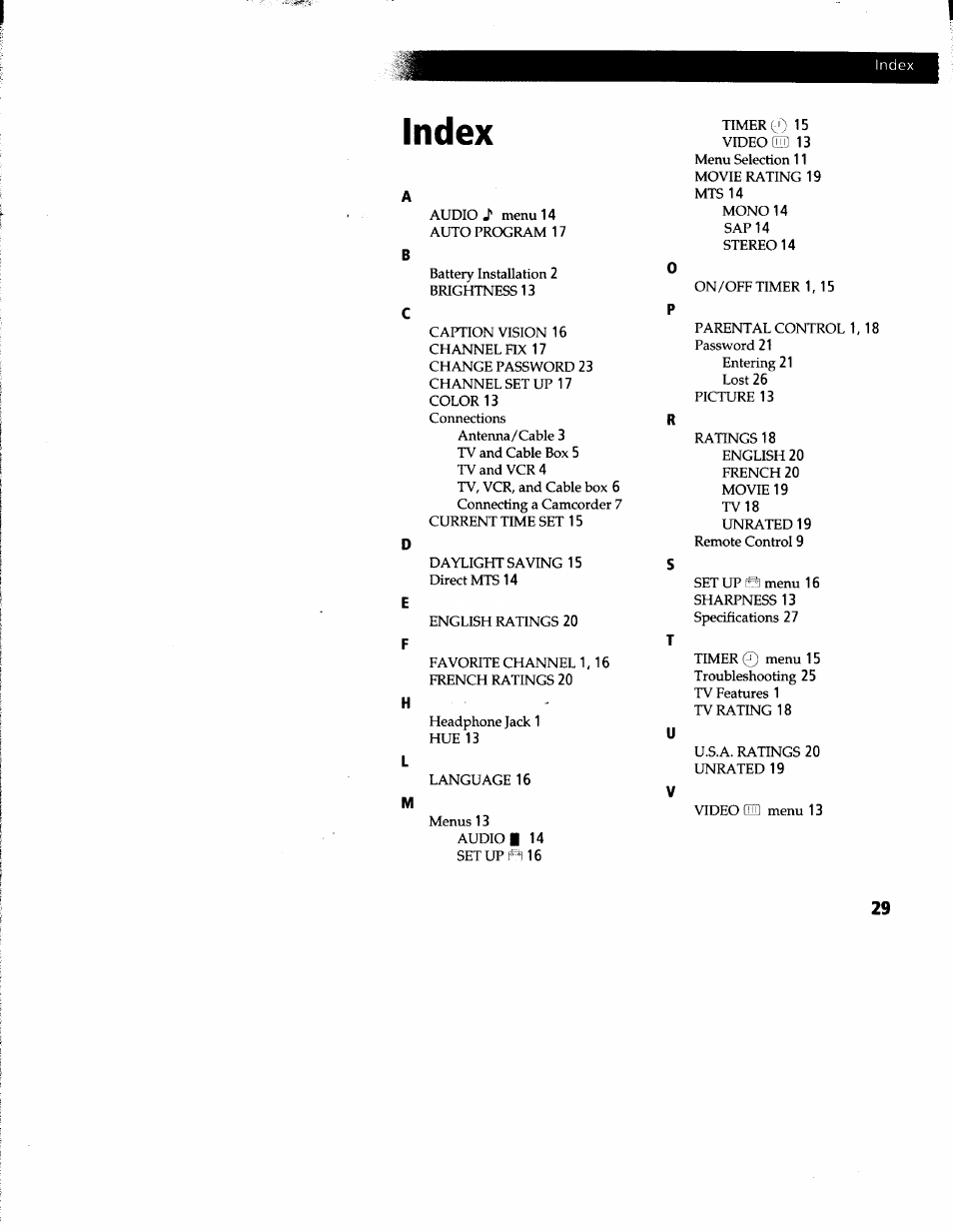 Index | Sony KV-20S42 User Manual | Page 30 / 30