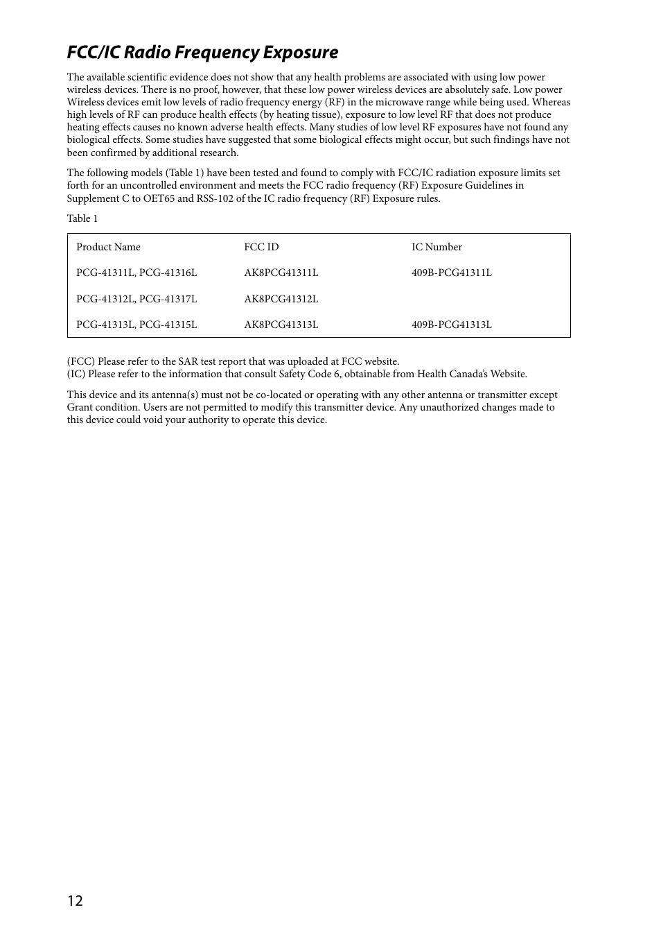 Fcc/ic radio frequency exposure | Sony VPCZ2390X User Manual | Page 12 / 36