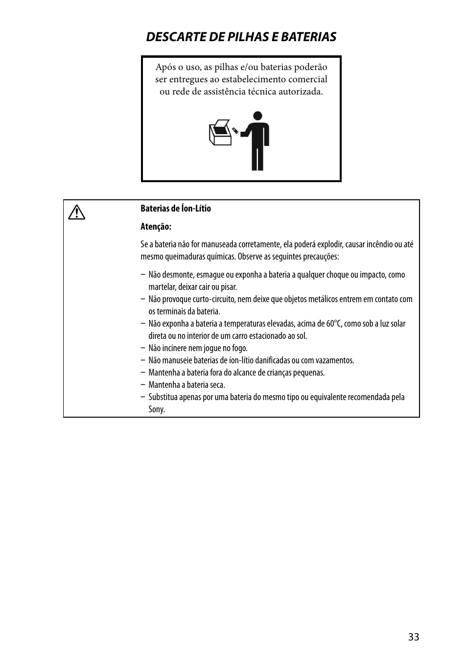 Descarte de pilhas e baterias | Sony VPCZ2390X User Manual | Page 33 / 36
