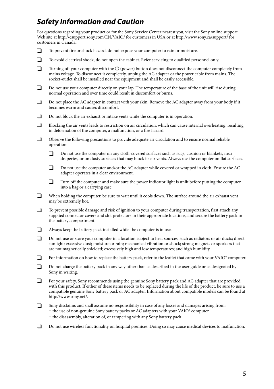 Safety information and caution | Sony VPCZ2390X User Manual | Page 5 / 36