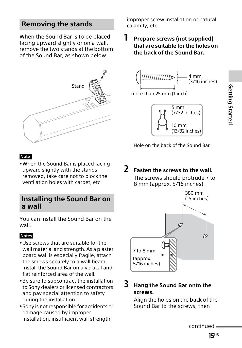 Removing the stands, Installing the sound bar on a wall | Sony HT-CT60BT User Manual | Page 15 / 88