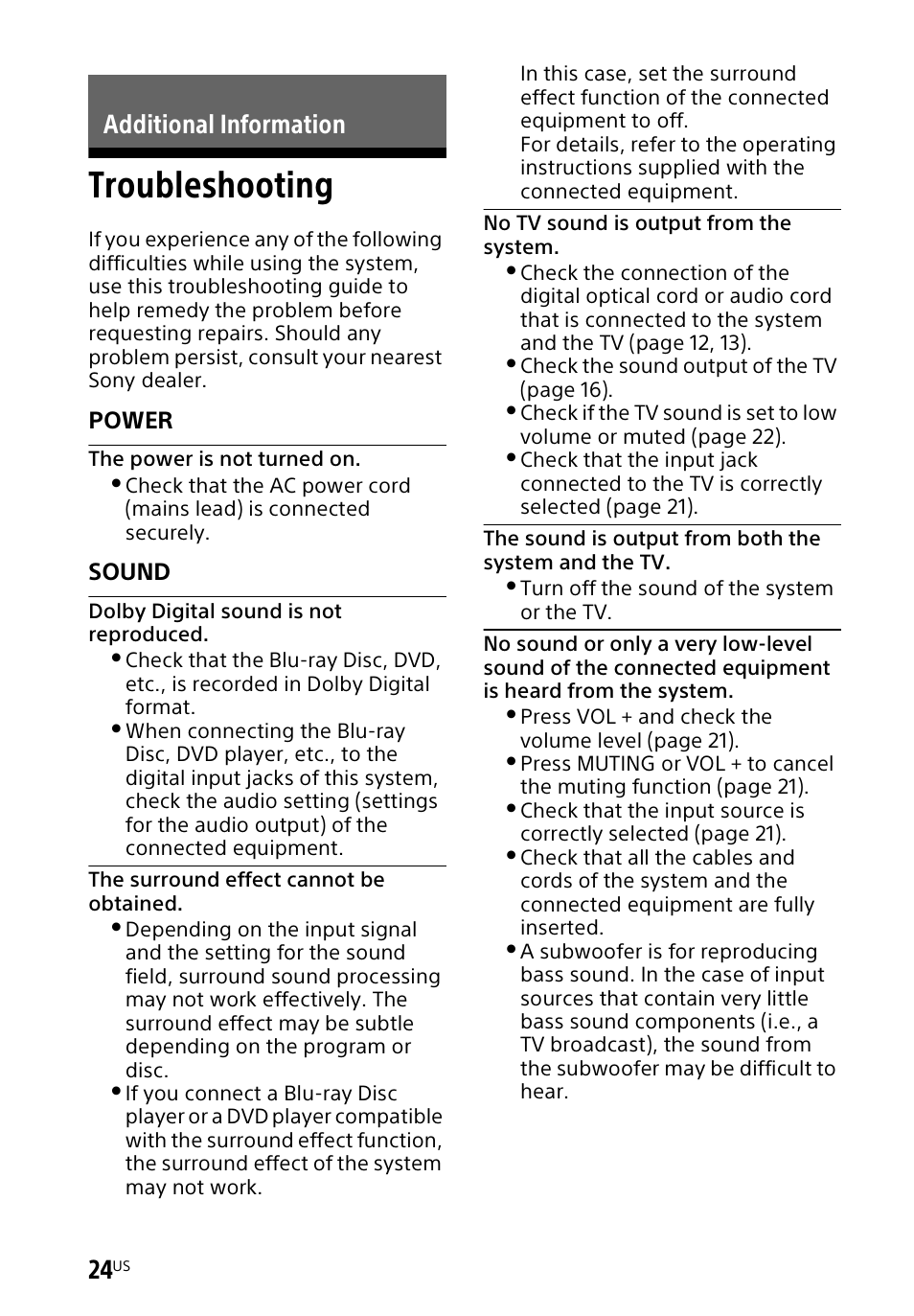 Additional information, Troubleshooting | Sony HT-CT60BT User Manual | Page 24 / 88