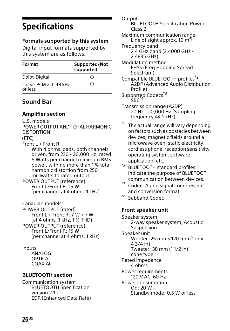 Specifications, Sound bar | Sony HT-CT60BT User Manual | Page 26 / 88