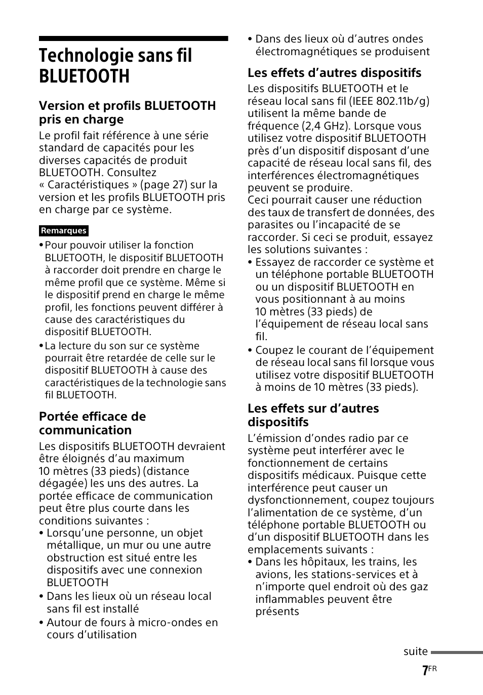 Technologie sans fil bluetooth, Version et profils bluetooth pris en charge, Portée efficace de communication | Les effets d’autres dispositifs, Les effets sur d’autres dispositifs | Sony HT-CT60BT User Manual | Page 35 / 88