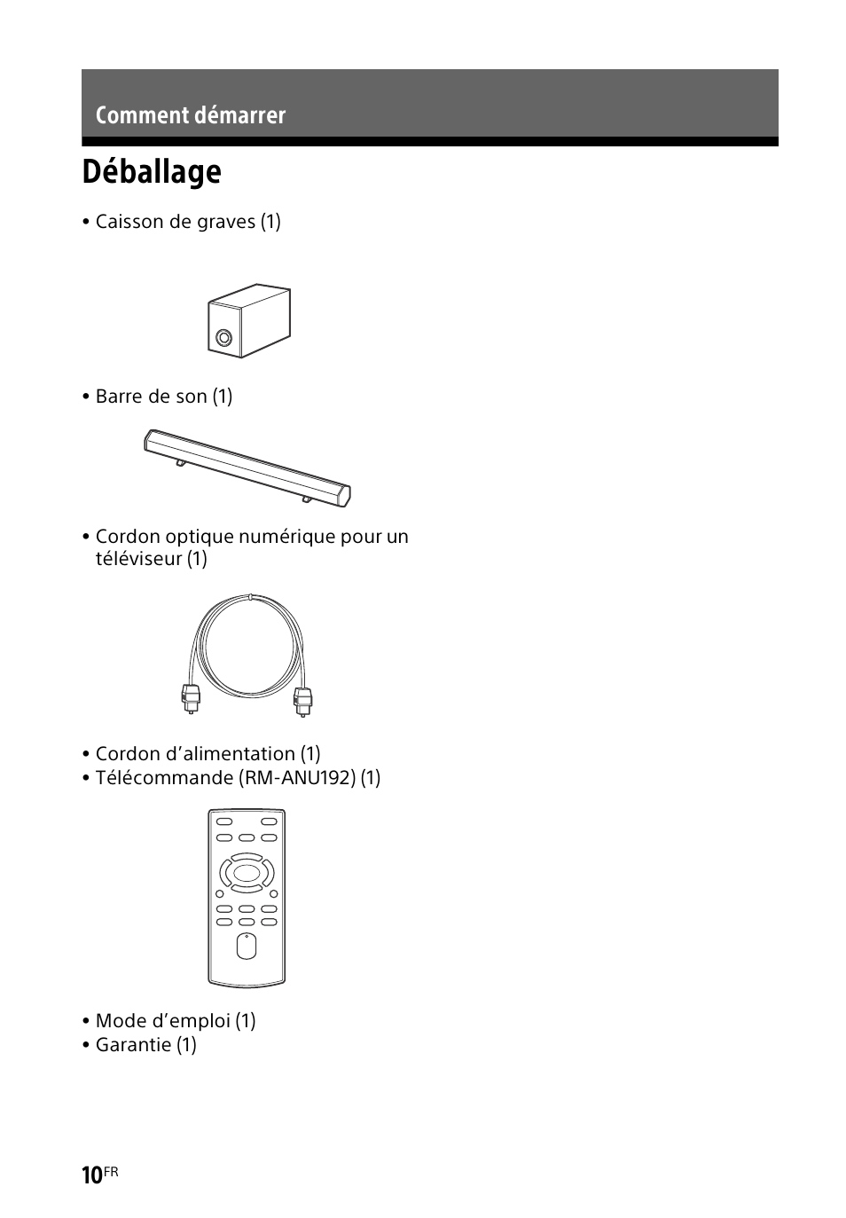 Comment démarrer, Déballage | Sony HT-CT60BT User Manual | Page 38 / 88