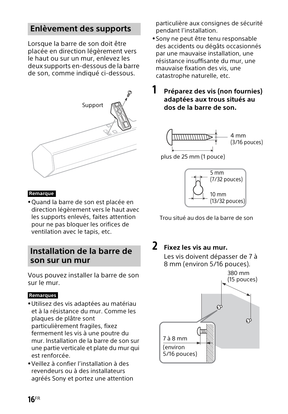 Enlèvement des supports, Installation de la barre de son sur un mur | Sony HT-CT60BT User Manual | Page 44 / 88