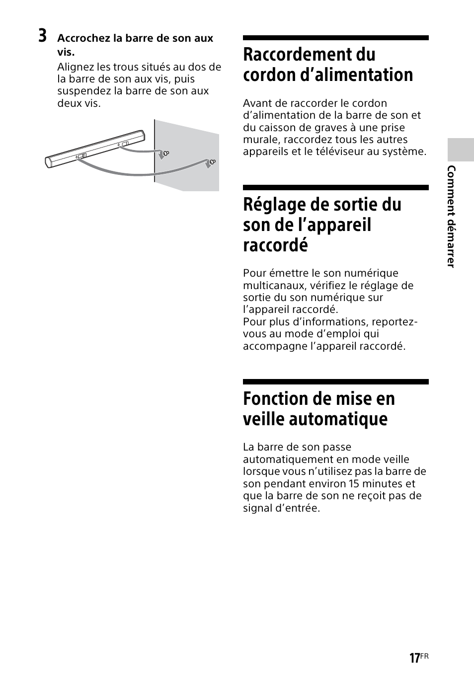 Raccordement du cordon d’alimentation, Réglage de sortie du son de l’appareil raccordé, Fonction de mise en veille automatique | Raccordement du cordon, D’alimentation, Réglage de sortie du son de, L’appareil raccordé, Fonction de mise en veille, Automatique | Sony HT-CT60BT User Manual | Page 45 / 88