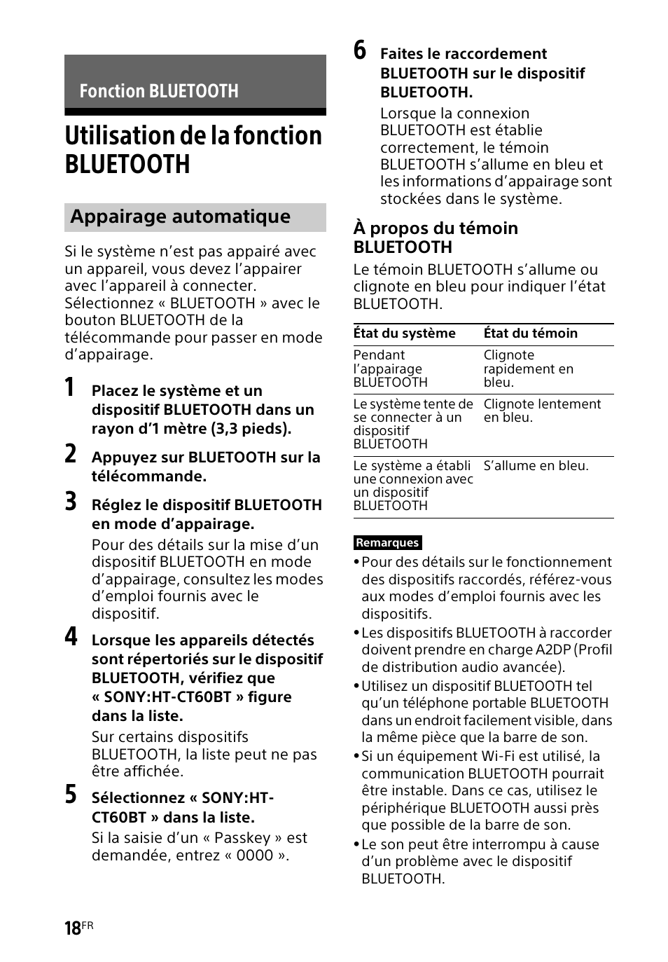 Fonction bluetooth, Utilisation de la fonction bluetooth, Utilisation de la fonction | Bluetooth, Fonction bluetooth appairage automatique | Sony HT-CT60BT User Manual | Page 46 / 88