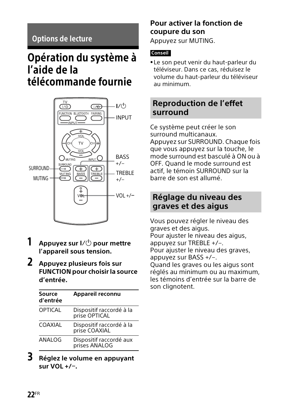 Options de lecture, Opération du système à l’aide, De la télécommande fournie | Sony HT-CT60BT User Manual | Page 50 / 88