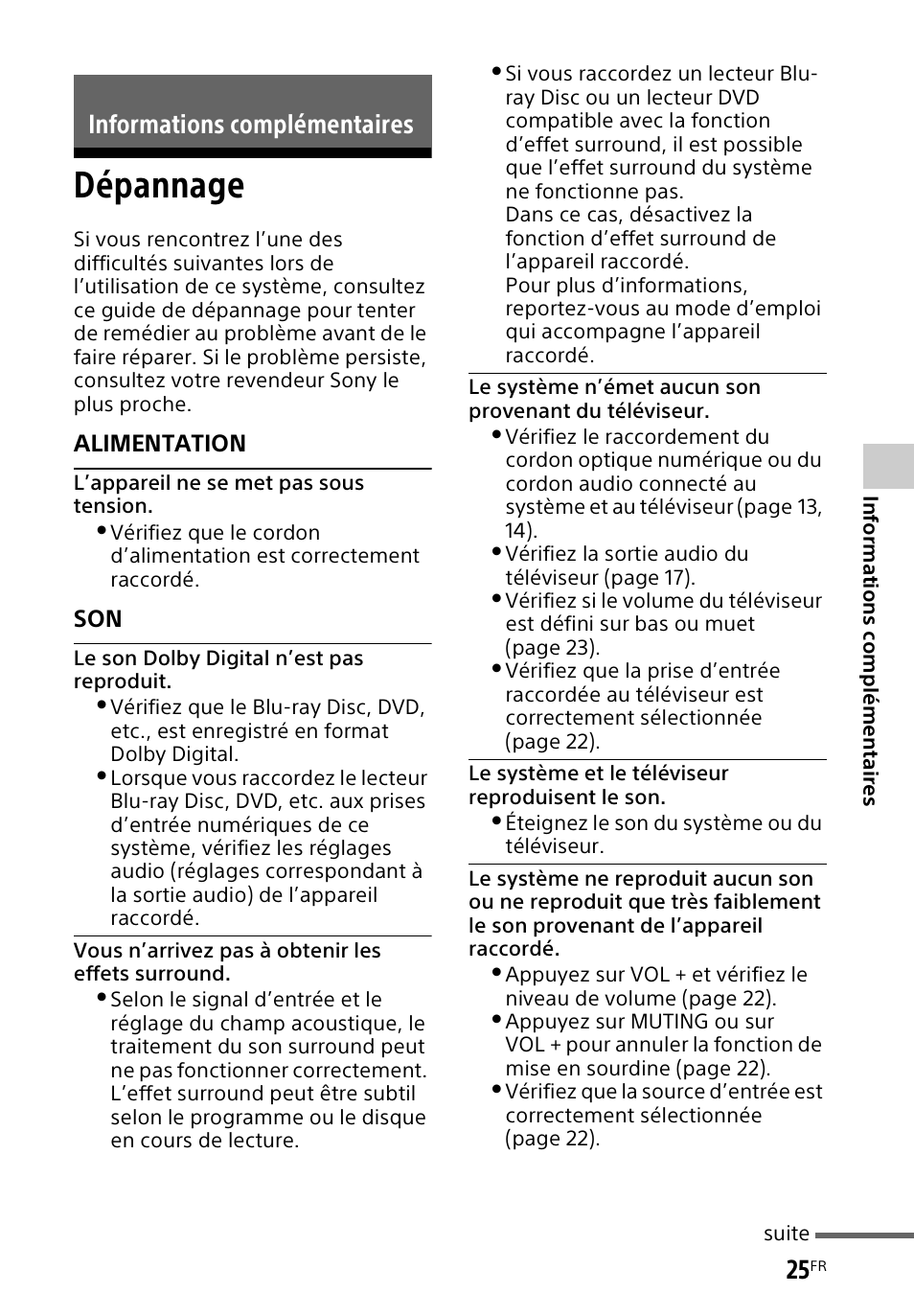 Informations complémentaires, Dépannage | Sony HT-CT60BT User Manual | Page 53 / 88