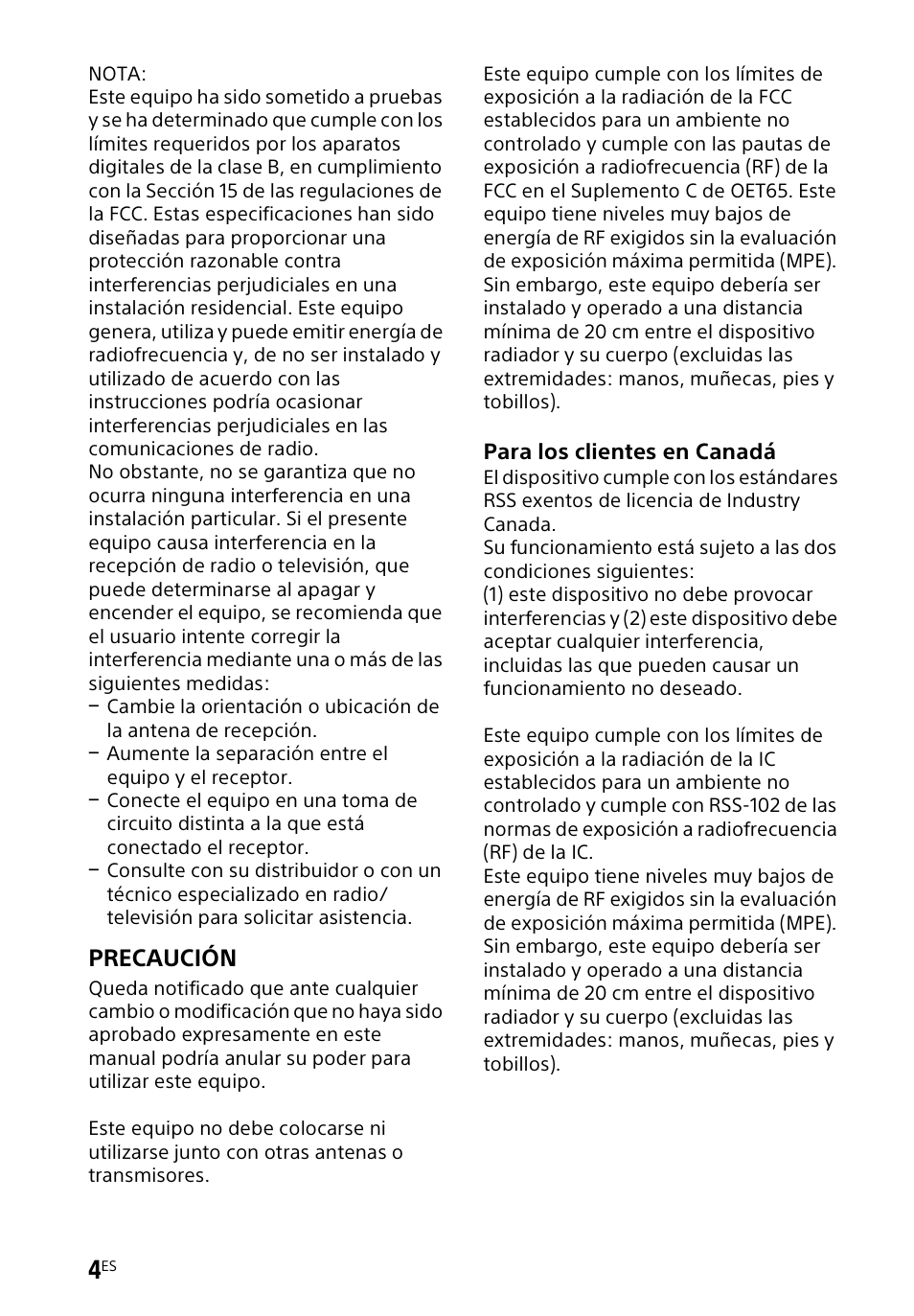 Precaución | Sony HT-CT60BT User Manual | Page 60 / 88