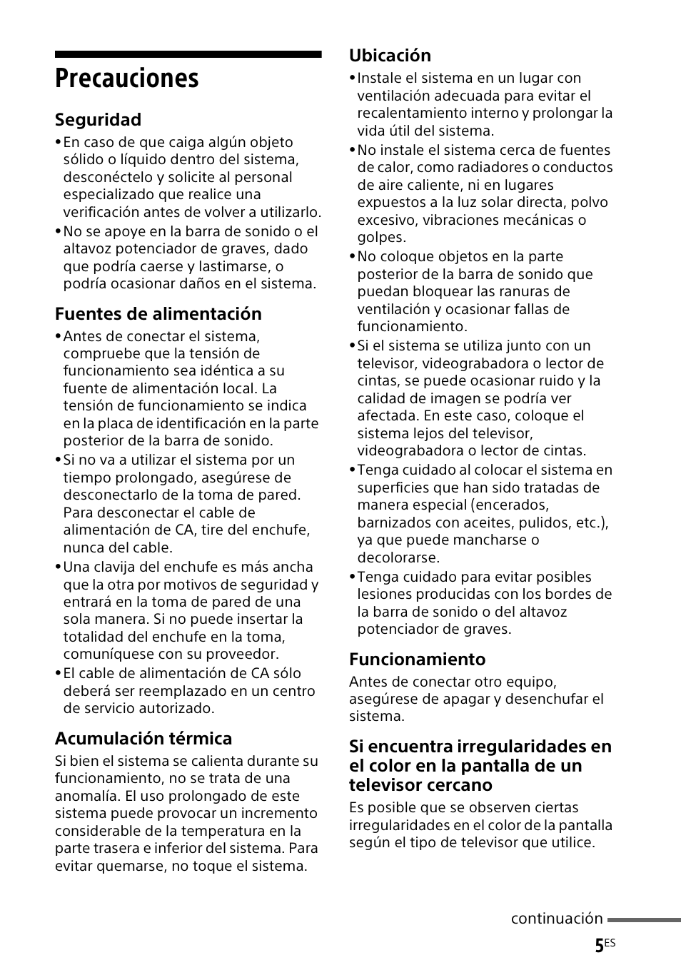 Precauciones, Seguridad, Fuentes de alimentación | Acumulación térmica, Ubicación, Funcionamiento | Sony HT-CT60BT User Manual | Page 61 / 88