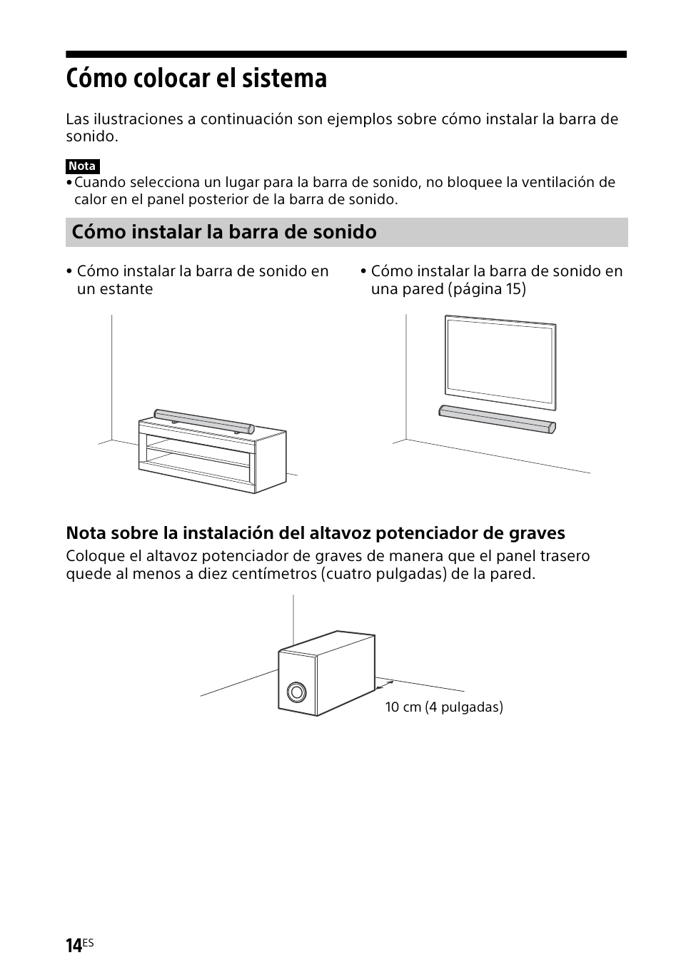 Cómo colocar el sistema, Cómo instalar la barra de sonido | Sony HT-CT60BT User Manual | Page 70 / 88