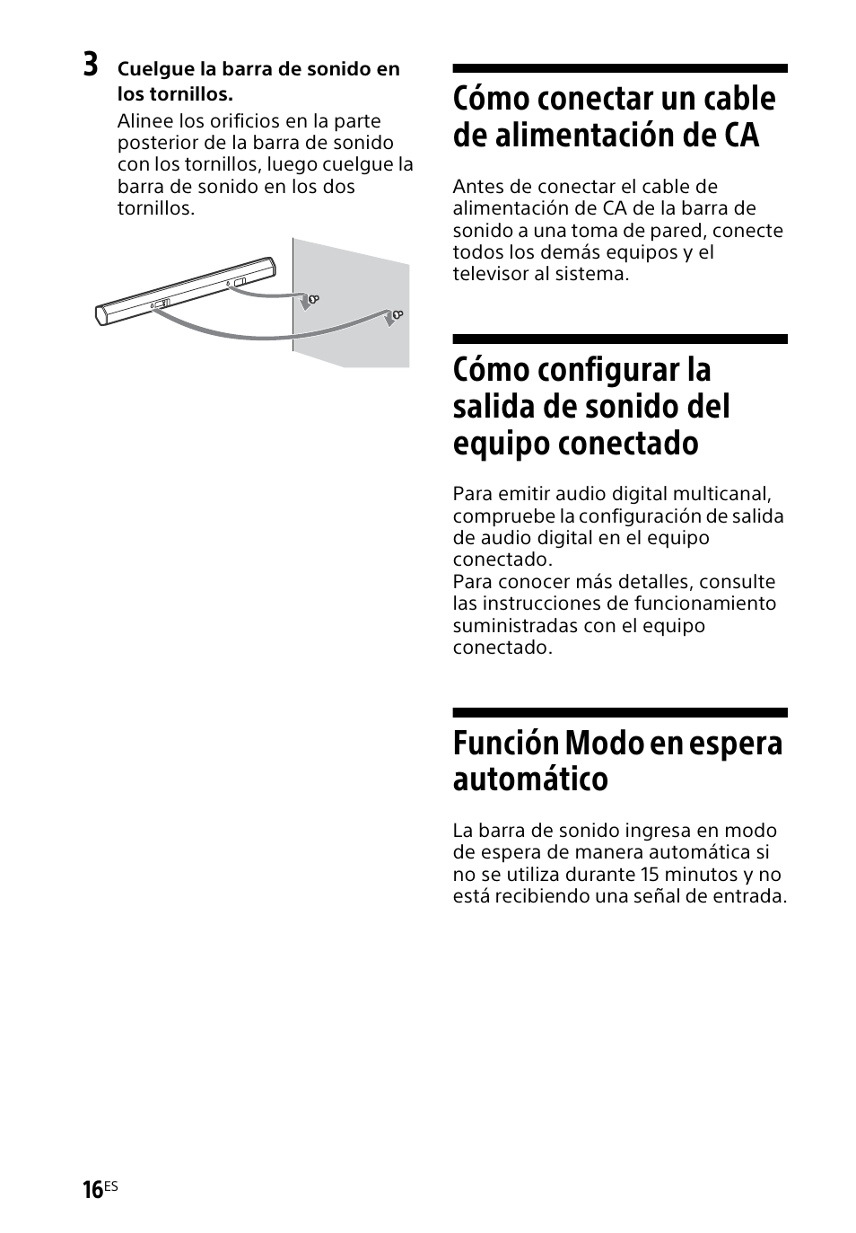 Cómo conectar un cable de alimentación de ca, Función modo en espera automático, Cómo conectar un cable de | Alimentación de ca, Cómo configurar la salida de, Sonido del equipo conectado, Función modo en espera, Automático | Sony HT-CT60BT User Manual | Page 72 / 88