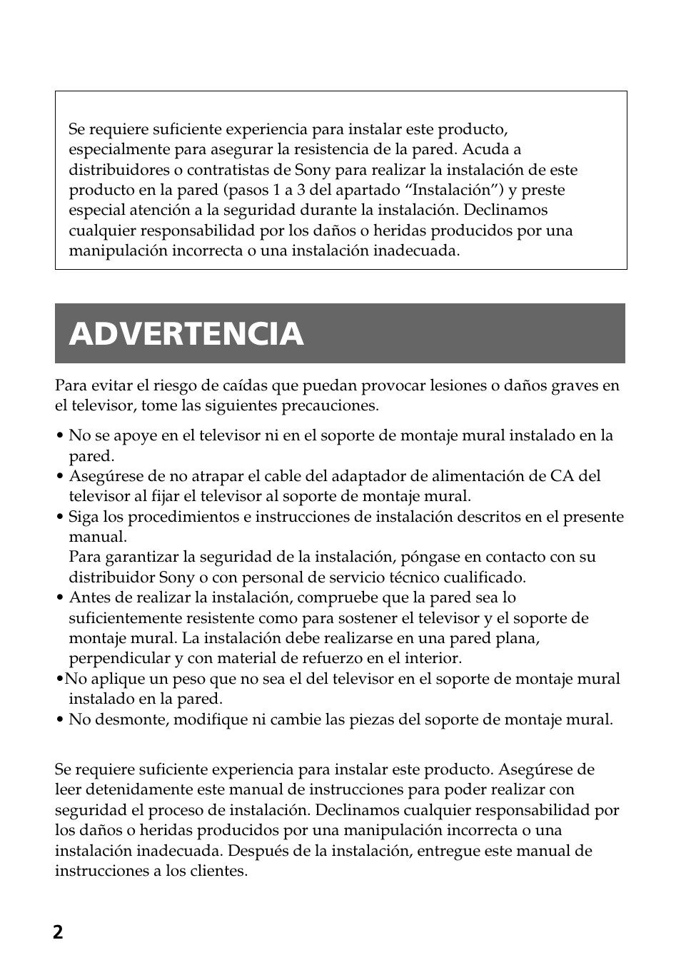 Advertencia | Sony SU-W210 User Manual | Page 26 / 40