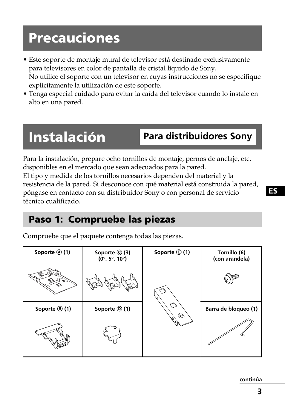 Precauciones, Instalación para distribuidores sony, Paso 1: compruebe las piezas | Instalación, Para distribuidores sony | Sony SU-W210 User Manual | Page 27 / 40