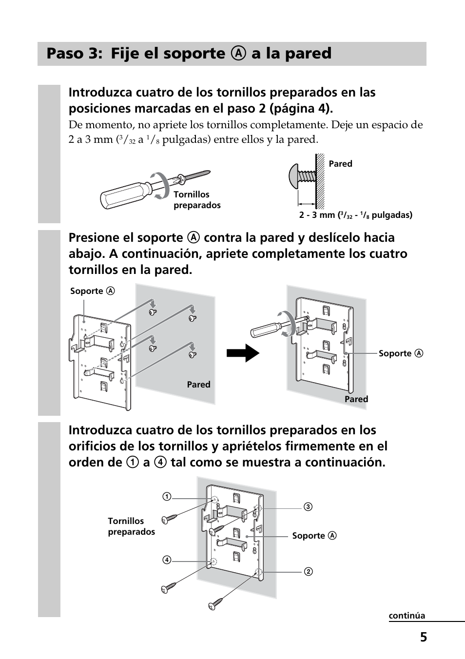 Paso 3: fije el soporte a a la pared | Sony SU-W210 User Manual | Page 29 / 40