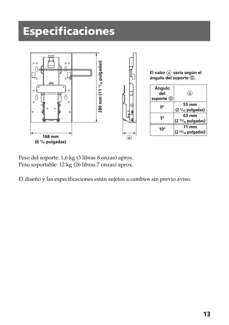 Especificaciones | Sony SU-W210 User Manual | Page 37 / 40