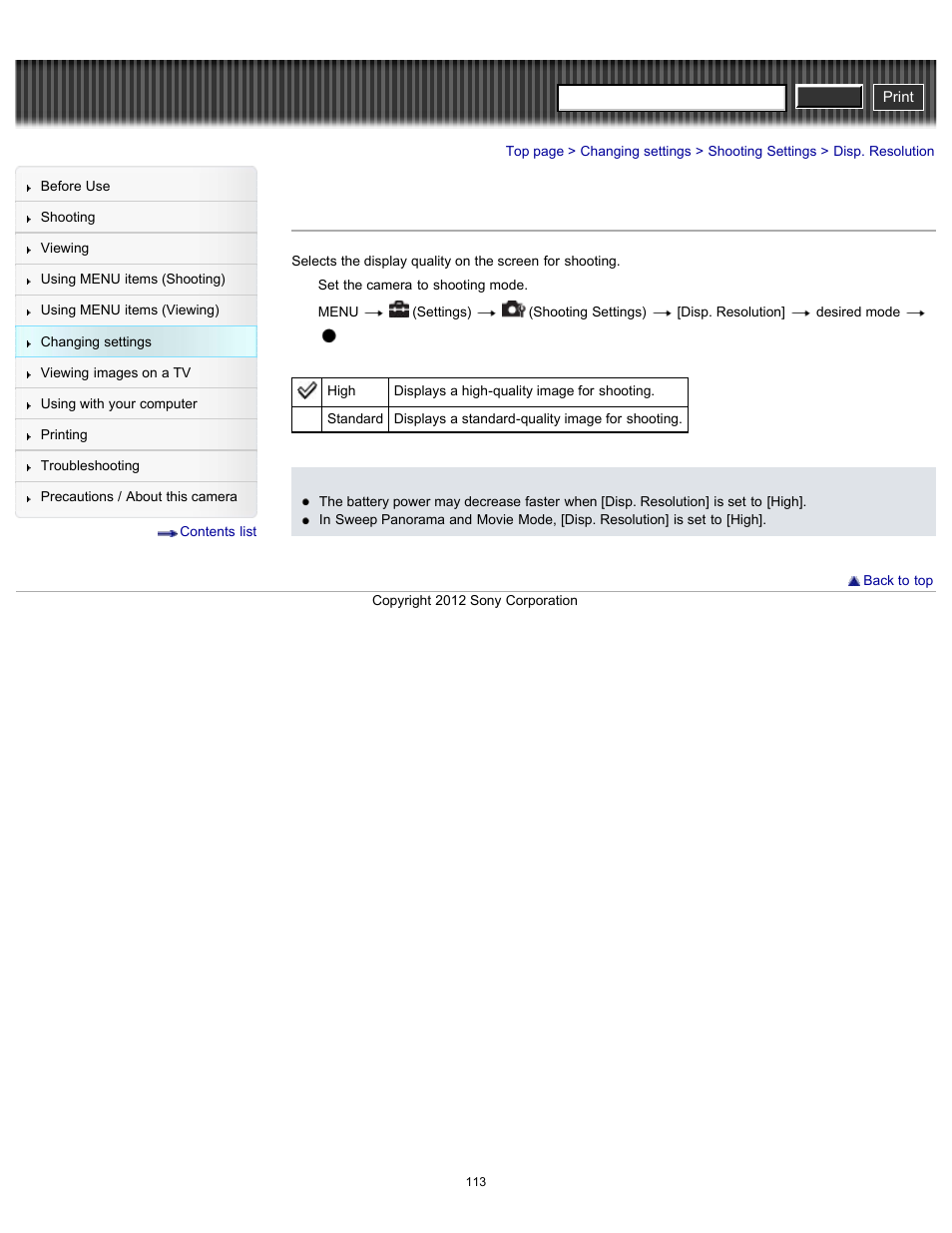 Disp. resolution, Cyber-shot user guide | Sony DSC-H90 User Manual | Page 113 / 185