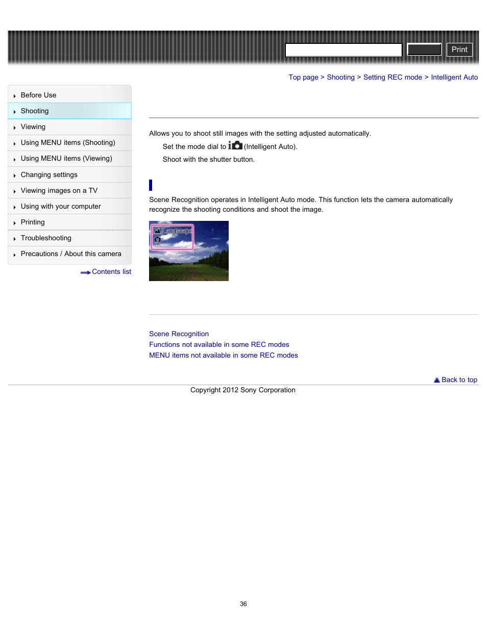 Intelligent auto, Cyber-shot user guide | Sony DSC-H90 User Manual | Page 36 / 185