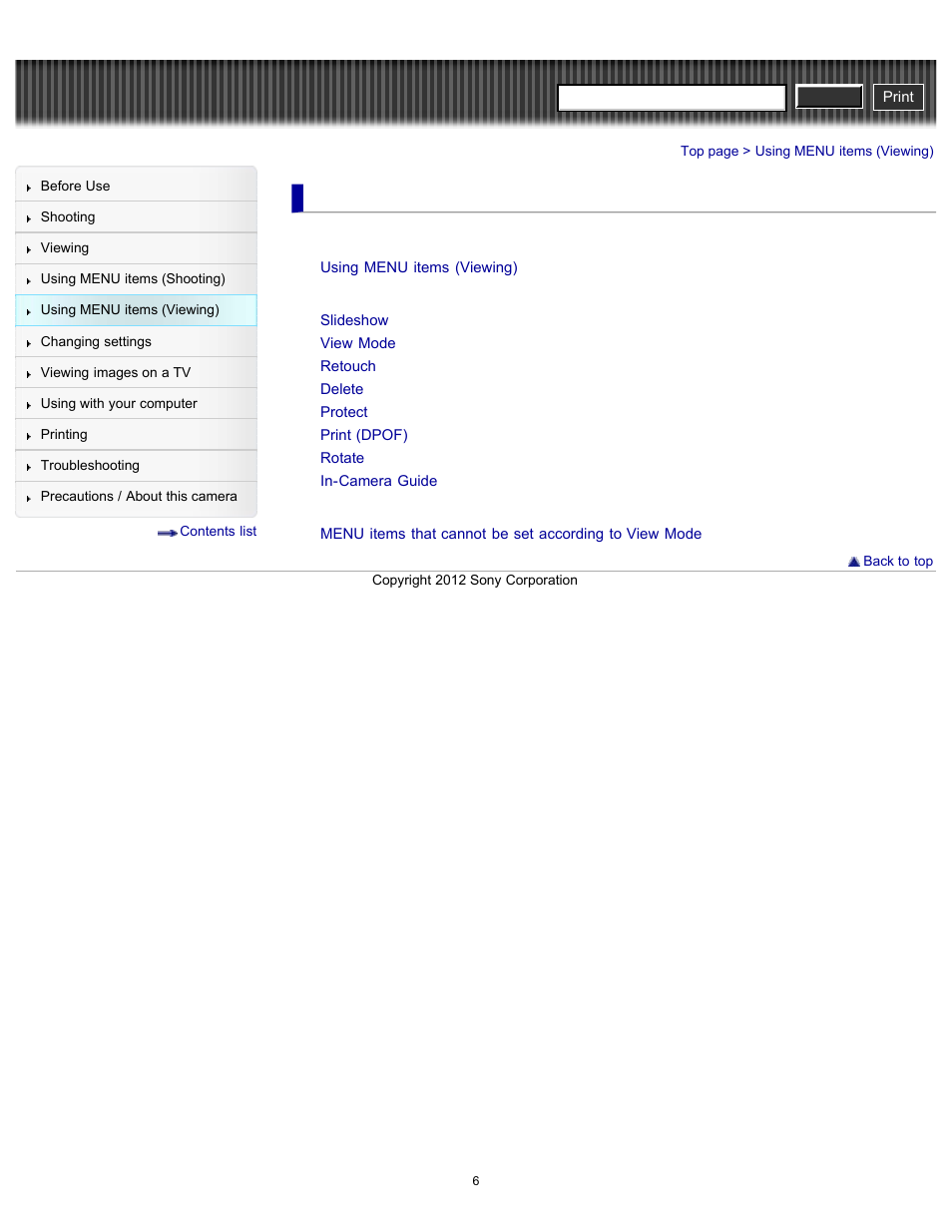 Using menu items (viewing), Cyber-shot user guide | Sony DSC-H90 User Manual | Page 6 / 185