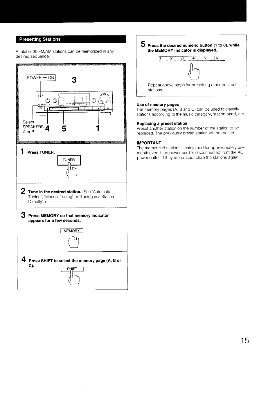 Presetting stations, Replacing a preset station, Important | Sony STR-D590 User Manual | Page 15 / 23