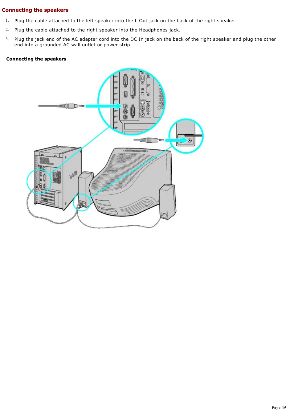 Connecting the speakers | Sony PCV-RX640 User Manual | Page 15 / 88