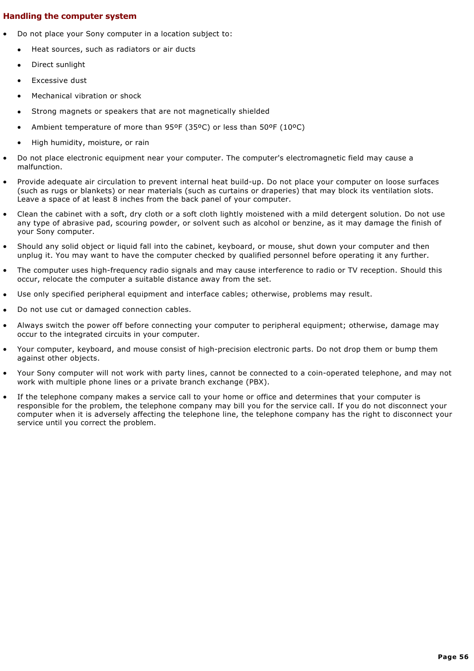 Handling the computer system | Sony PCV-RX640 User Manual | Page 56 / 88