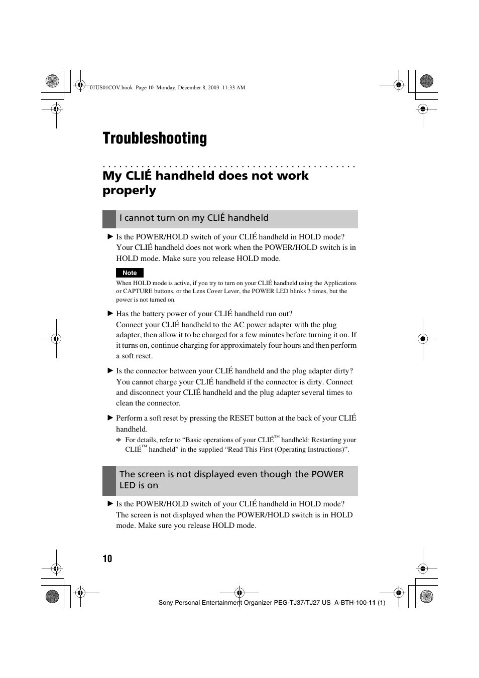 Troubleshooting, My clié handheld does not work properly, My clié handheld does not | Work properly, I cannot turn on my clié handheld | Sony PEG-TJ27 User Manual | Page 10 / 51