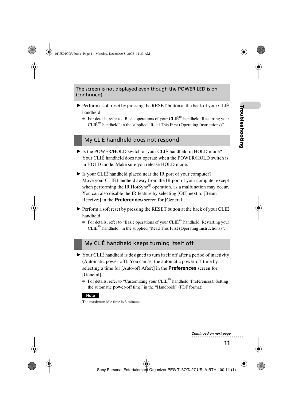 My clié handheld does not respond, My clié handheld keeps turning itself off | Sony PEG-TJ27 User Manual | Page 11 / 51