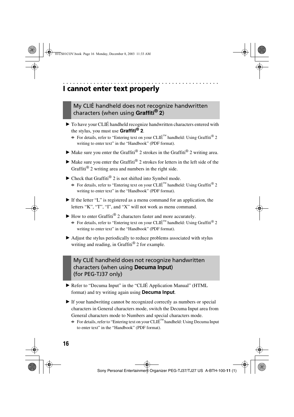 I cannot enter text properly, Graffiti, When using | Decuma input, For peg-tj37 only)) | Sony PEG-TJ27 User Manual | Page 16 / 51