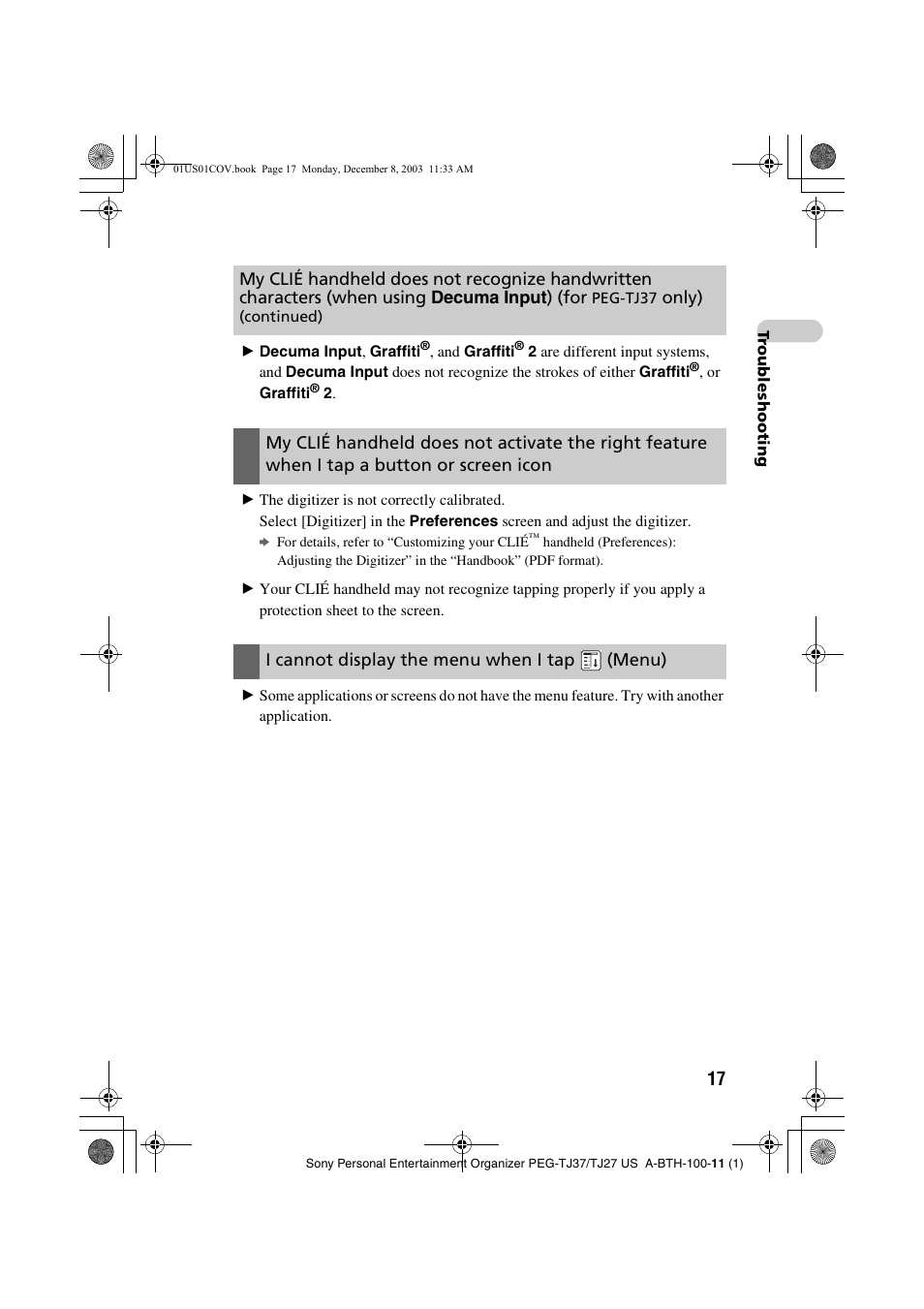 I cannot display the menu when i tap, Menu) | Sony PEG-TJ27 User Manual | Page 17 / 51