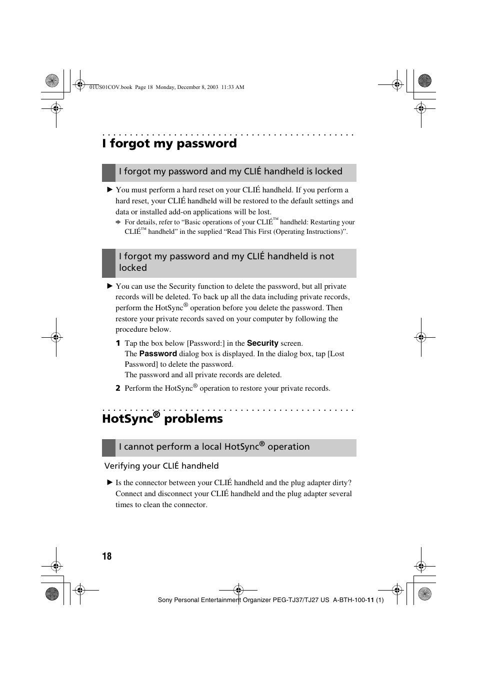 I forgot my password, Hotsync® problems, Hotsync | Problems, I cannot perform a local hotsync, Operation | Sony PEG-TJ27 User Manual | Page 18 / 51