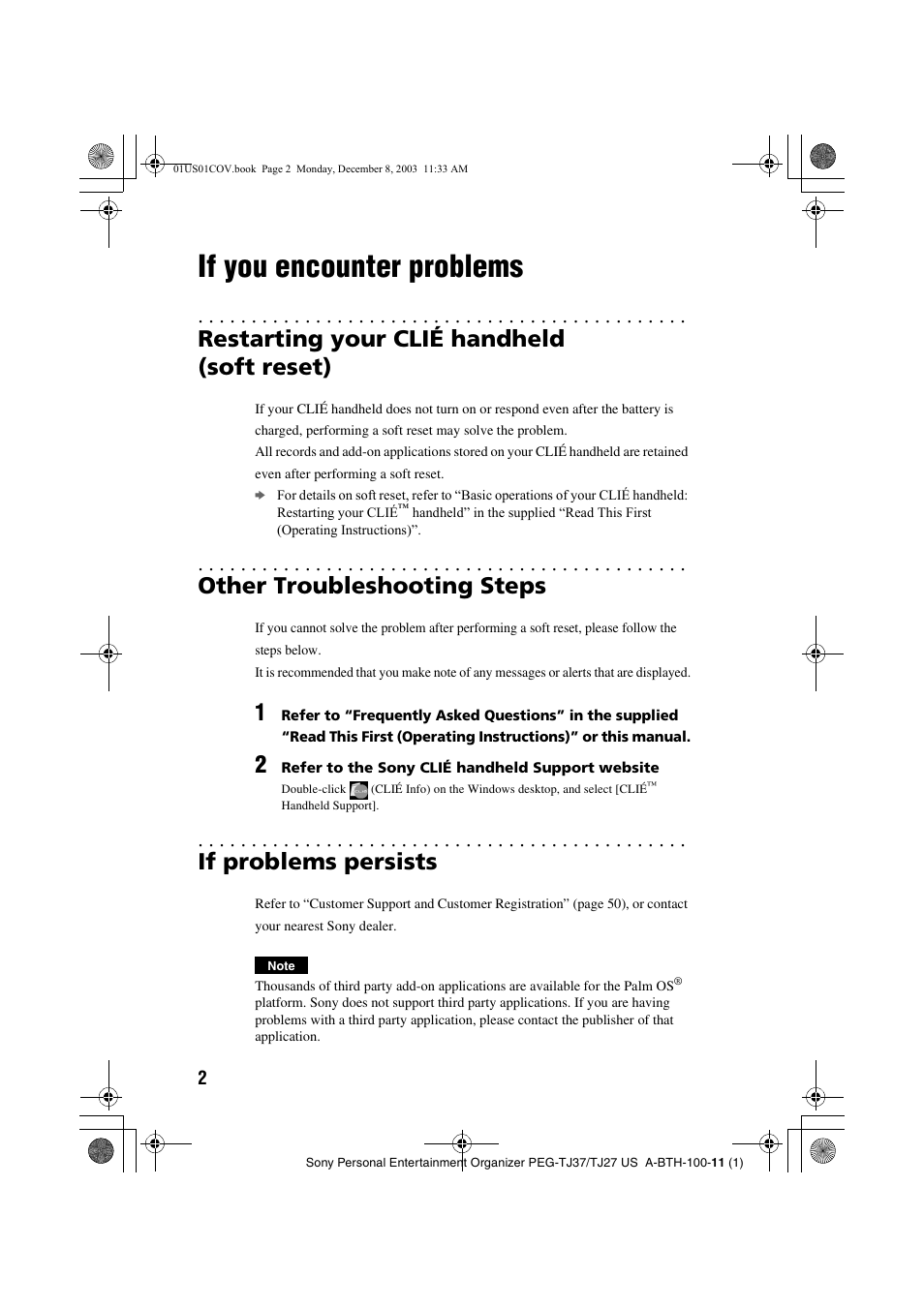 If you encounter problems, Restarting your clié handheld (soft reset), Other troubleshooting steps | If problems persists | Sony PEG-TJ27 User Manual | Page 2 / 51