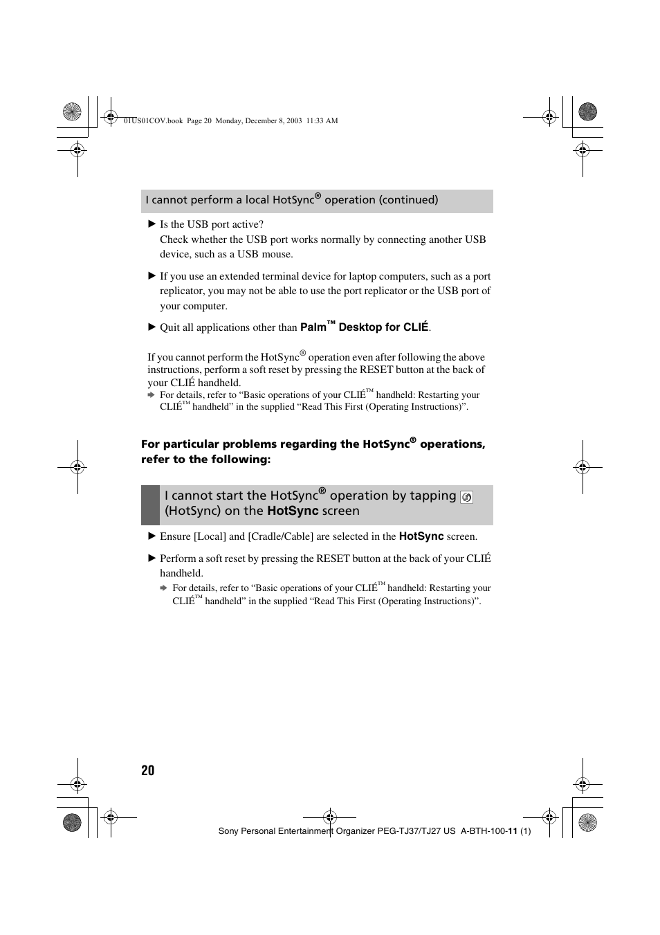 I cannot start the hotsync, Operation by tapping, Hotsync) on the | Hotsync, Screen | Sony PEG-TJ27 User Manual | Page 20 / 51