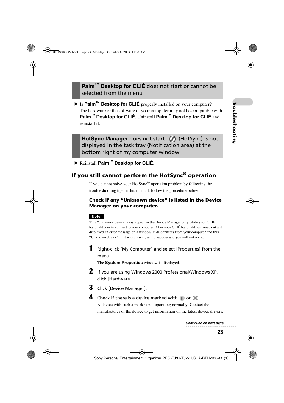 Palm, Desktop for clié, Does not start or cannot be | Selected from the menu, Hotsync manager, Does not start, Hotsync) is not, If you still cannot perform the hotsync, Operation | Sony PEG-TJ27 User Manual | Page 23 / 51