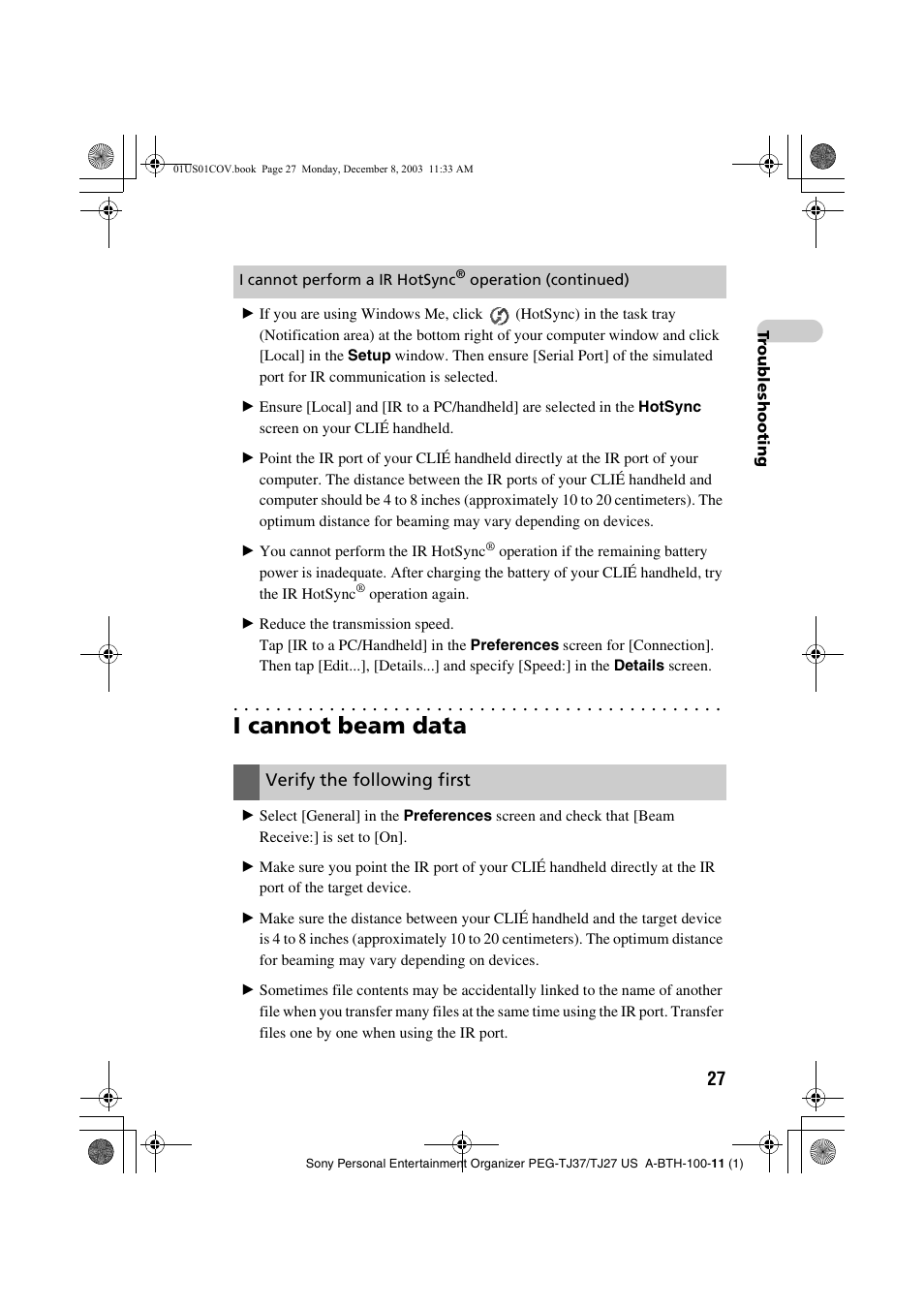 I cannot beam data, Verify the following first | Sony PEG-TJ27 User Manual | Page 27 / 51