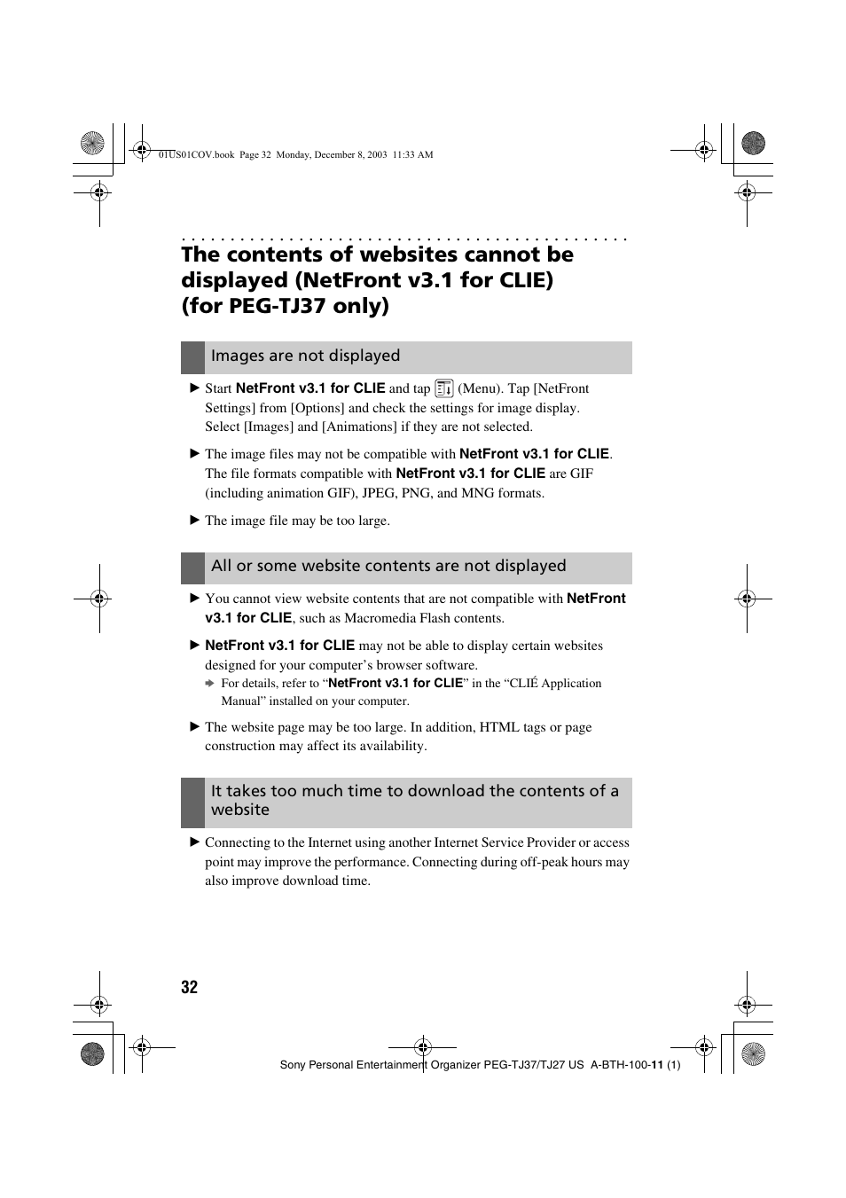 The contents of websites cannot be, Images are not displayed, All or some website contents are not displayed | Sony PEG-TJ27 User Manual | Page 32 / 51