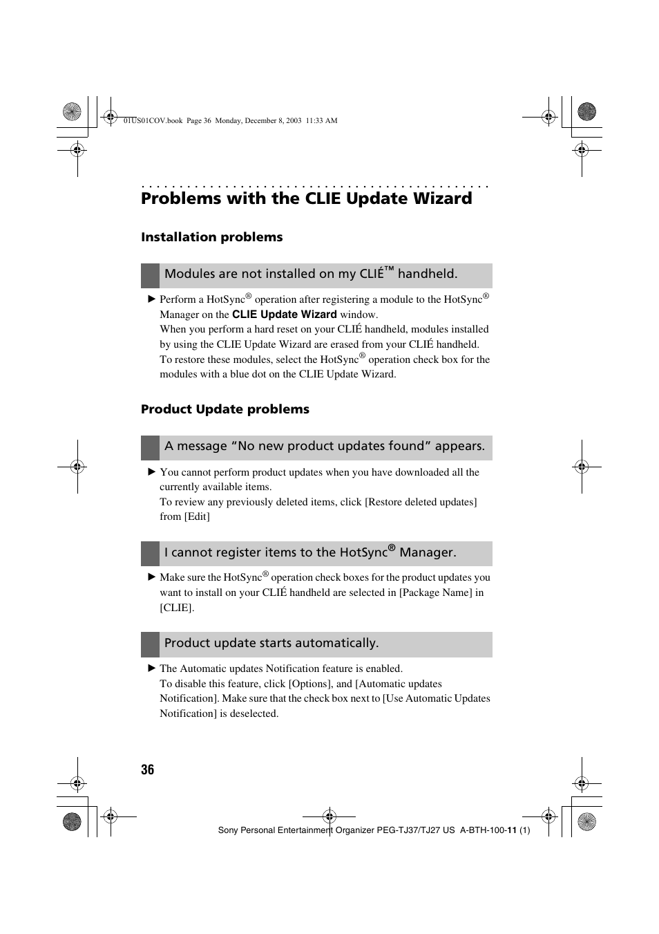 Problems with the clie update wizard, Problems with, The clie update wizard | Installation problems, Modules are not installed on my clié, Handheld, Product update problems, A message “no new product updates found” appears, I cannot register items to the hotsync, Manager | Sony PEG-TJ27 User Manual | Page 36 / 51