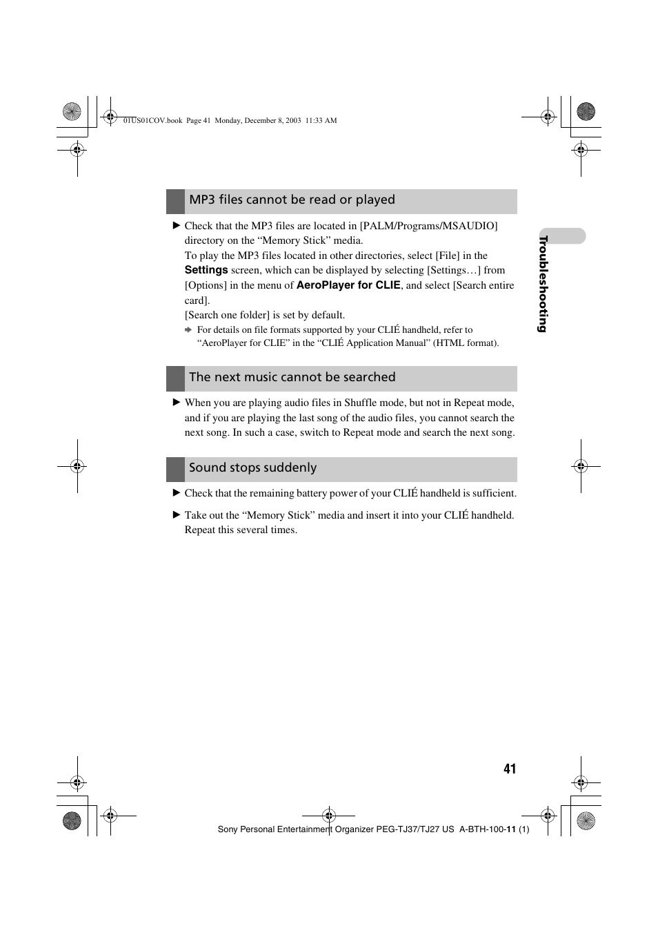 Mp3 files cannot be read or played, The next music cannot be searched, Sound stops suddenly | Sony PEG-TJ27 User Manual | Page 41 / 51