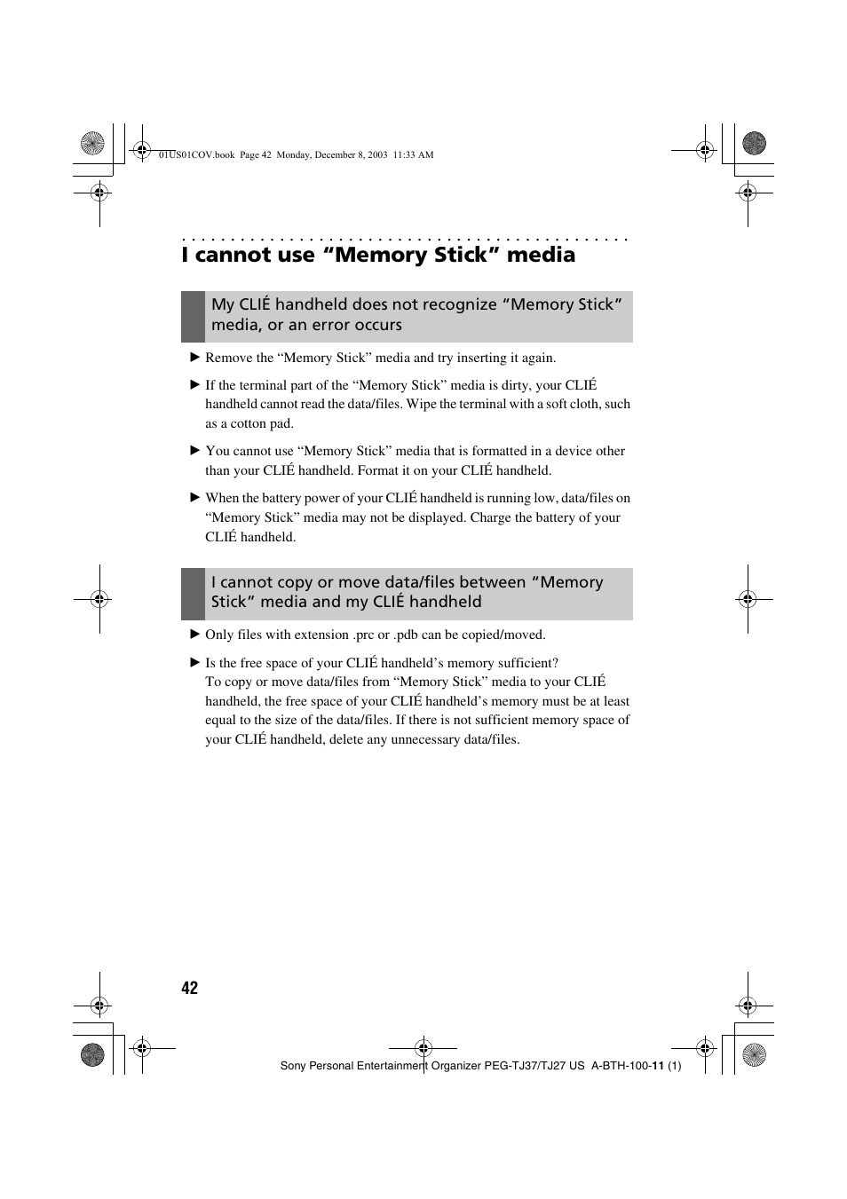 I cannot use “memory stick” media | Sony PEG-TJ27 User Manual | Page 42 / 51