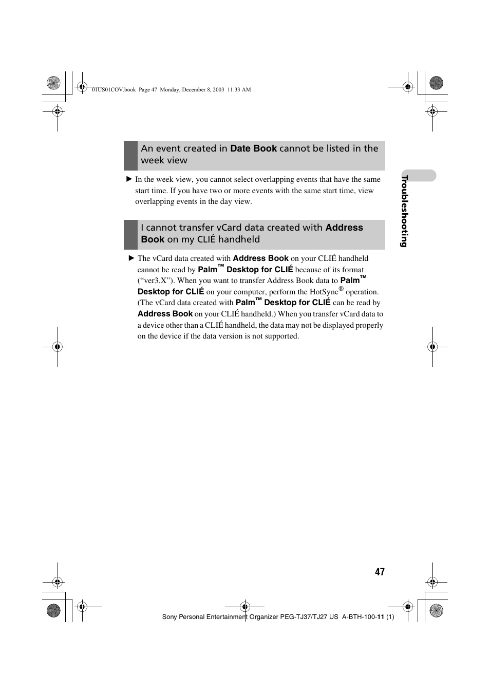 An event created in, Date book, Cannot be listed in the week | View, I cannot transfer vcard data created with, Address book, My clié handheld | Sony PEG-TJ27 User Manual | Page 47 / 51