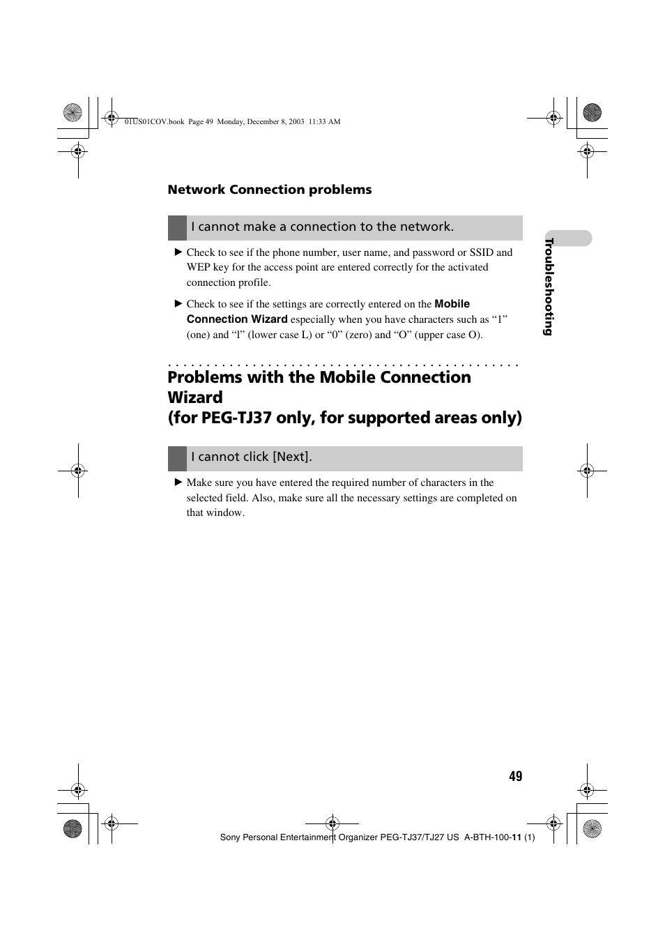 Problems with, Network connection problems, I cannot make a connection to the network | I cannot click [next | Sony PEG-TJ27 User Manual | Page 49 / 51