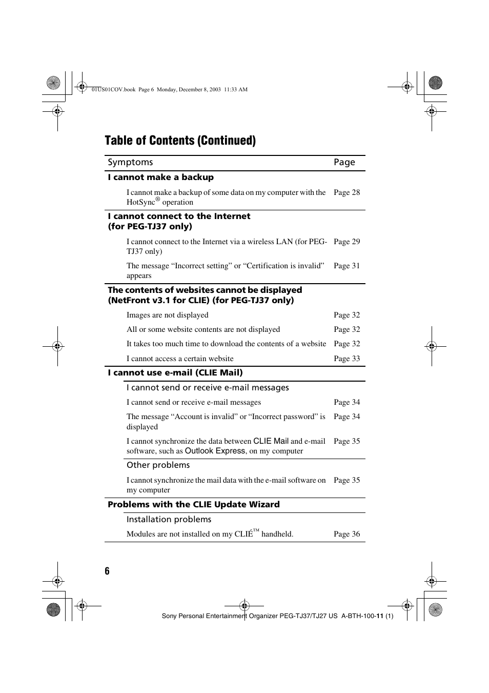 Table of contents (continued) | Sony PEG-TJ27 User Manual | Page 6 / 51