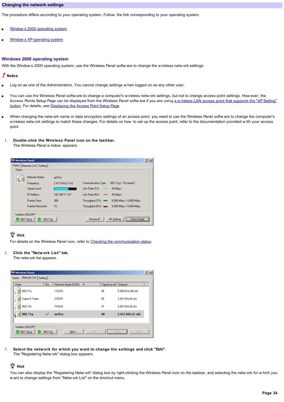Changing the network settings, Changing the netw ork settings | Sony PCWA-C800S User Manual | Page 34 / 81