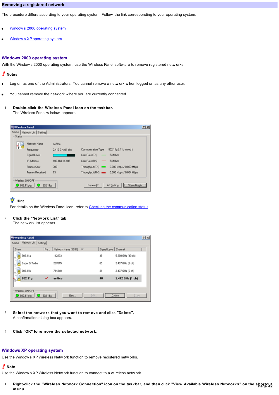 Removing a registered network, Removing a registered netw ork | Sony PCWA-C800S User Manual | Page 42 / 81
