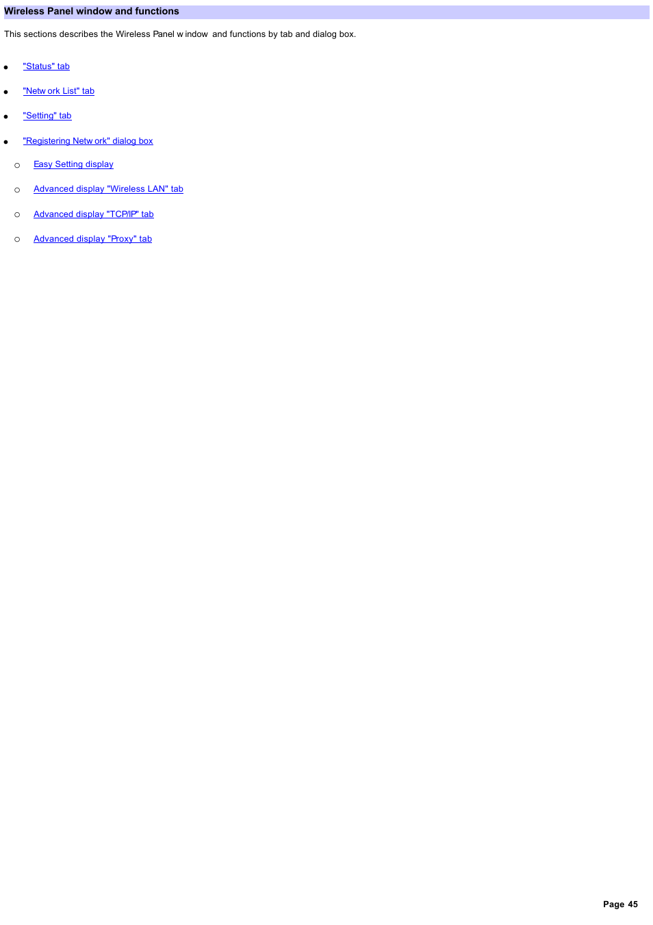 Wireless panel window and functions, Wireless panel w indow and functions | Sony PCWA-C800S User Manual | Page 45 / 81